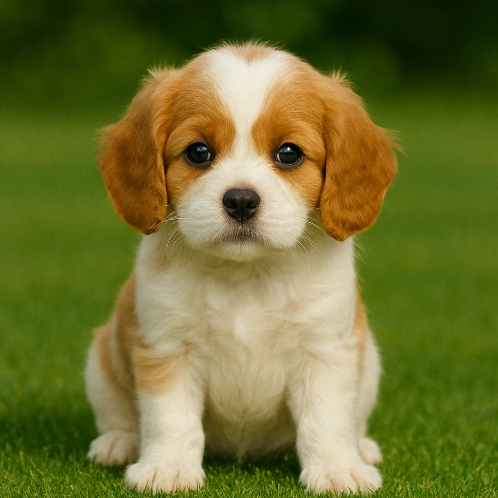 A Blenheim Cavapoo puppy with chestnut patches over its ears and a white blaze on its forehead