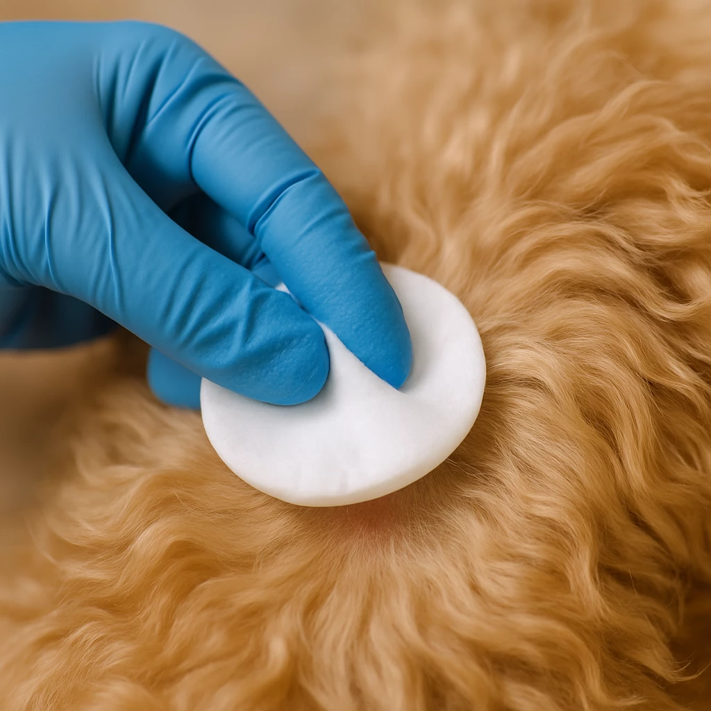 Close-up of a gloved hand gently cleaning a dog&rsquo;s skin with a cotton pad after tick removal.