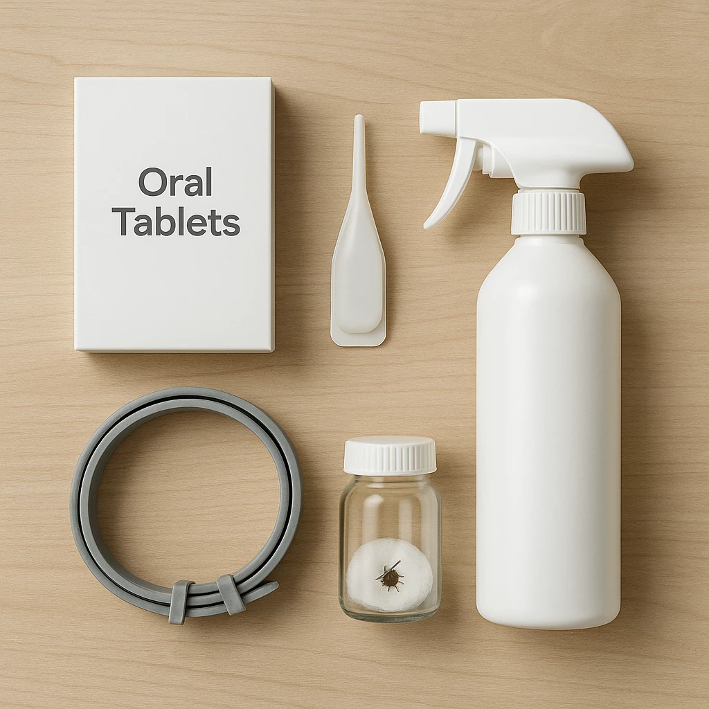 Flatlay photo of dog tick prevention products including oral tablets box, spot-on pipette, tick collar, and spray on a neutral surface.