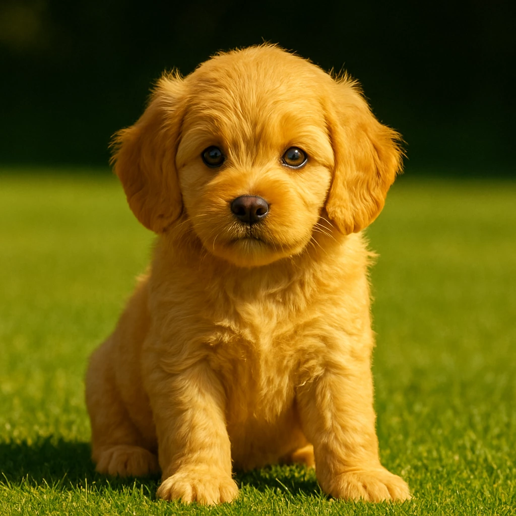 A Golden Cavapoo puppy sitting in the sun, showing off its honey-colored coat