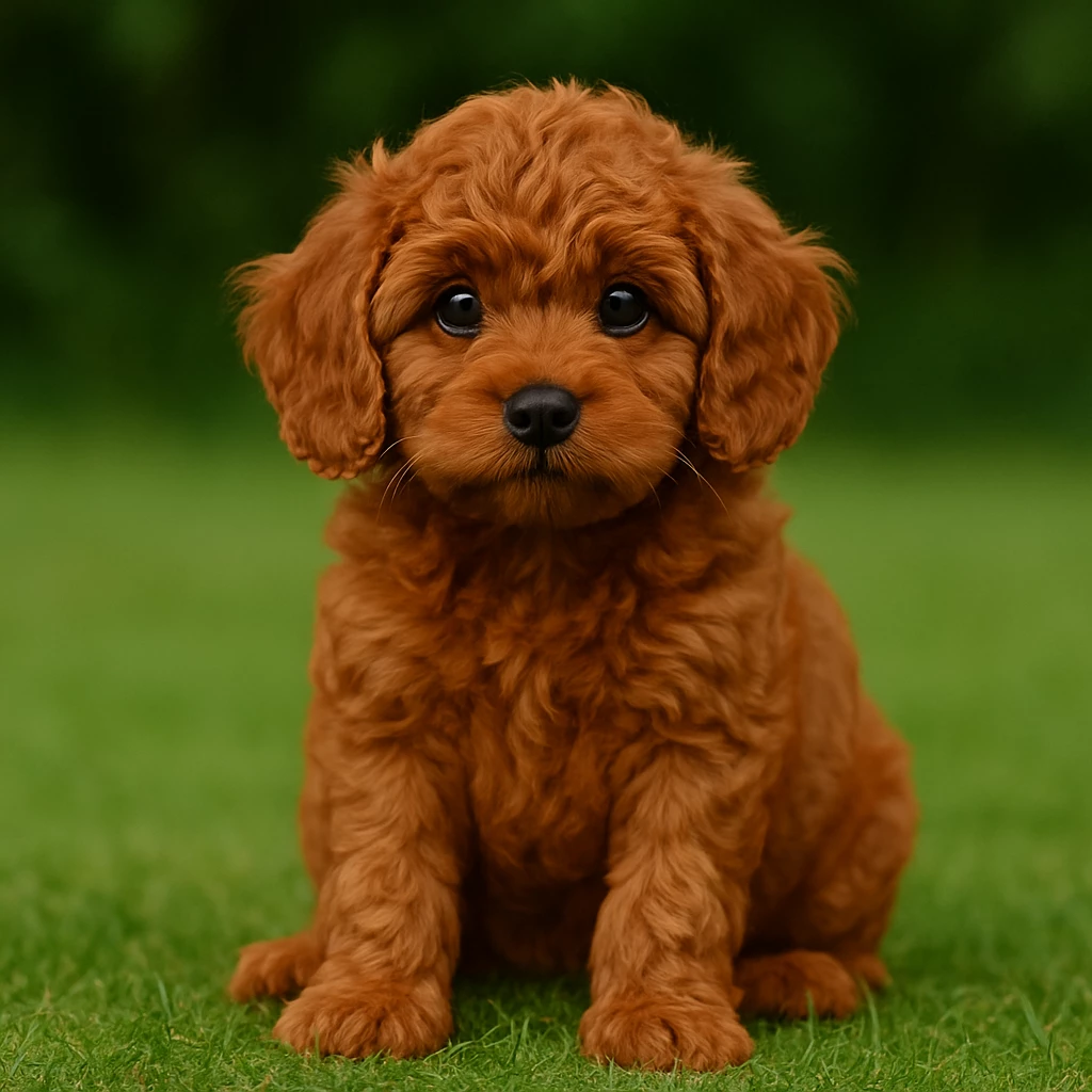 A Ruby Cavapoo puppy with a rich, solid red coat sitting on a wooden floor