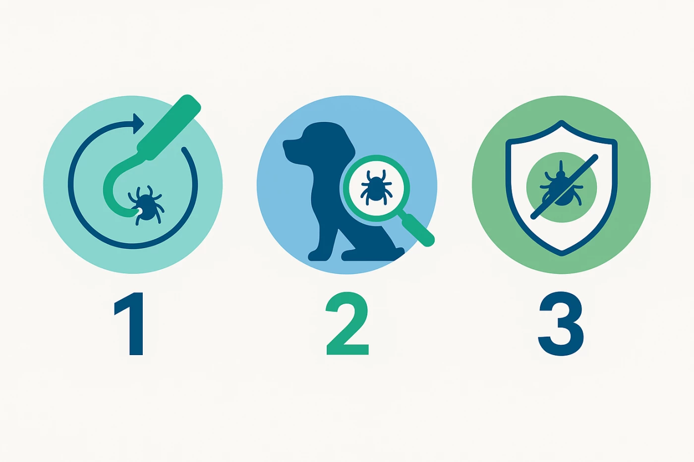 Minimalistic vector infographic showing three key tick-removal rules with icons of a tick remover, a dog health check, and a shield.