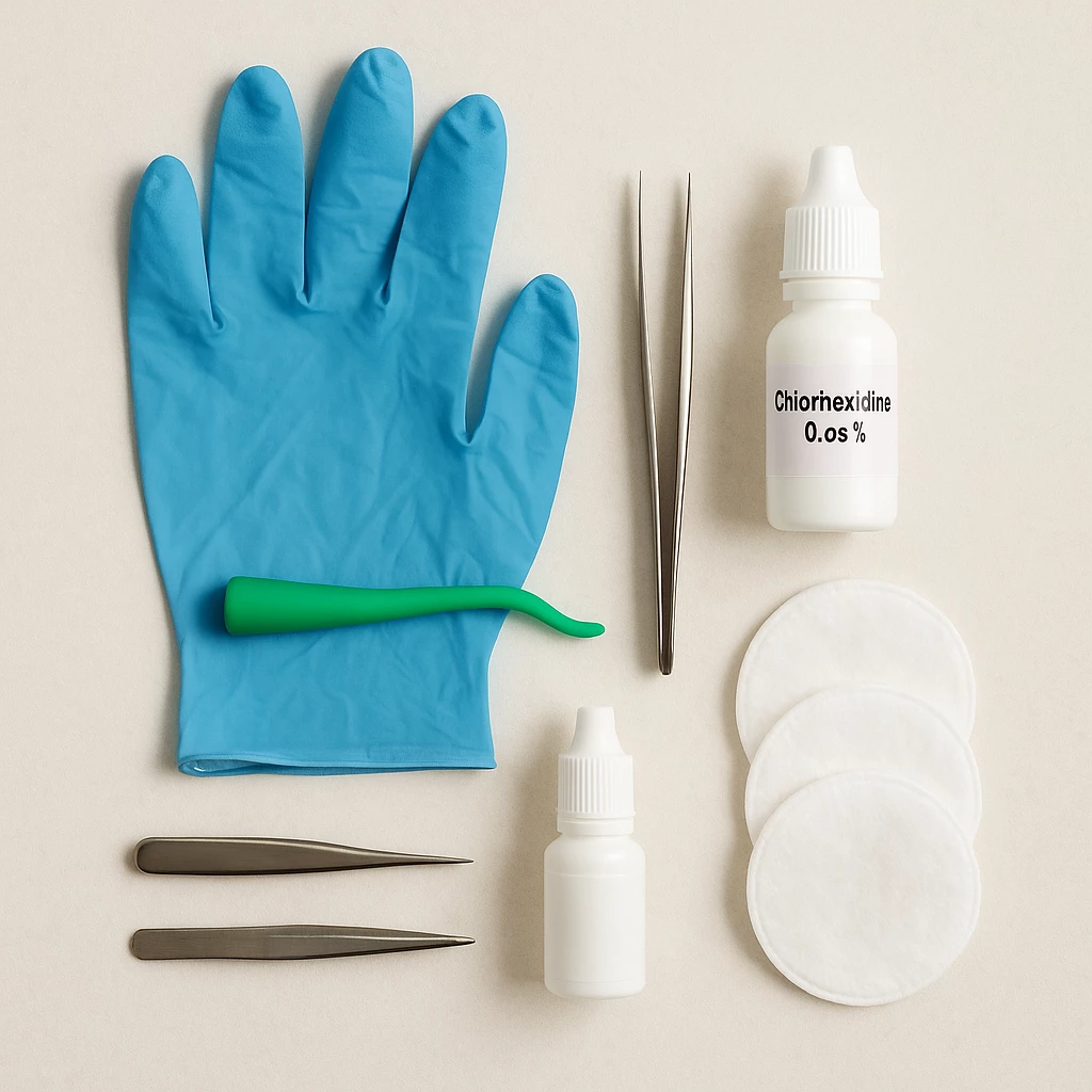 Flatlay photo of tick removal tools including nitrile gloves, a green tick twister, fine-tipped tweezers, chlorhexidine, and cotton pads on a neutral background.
