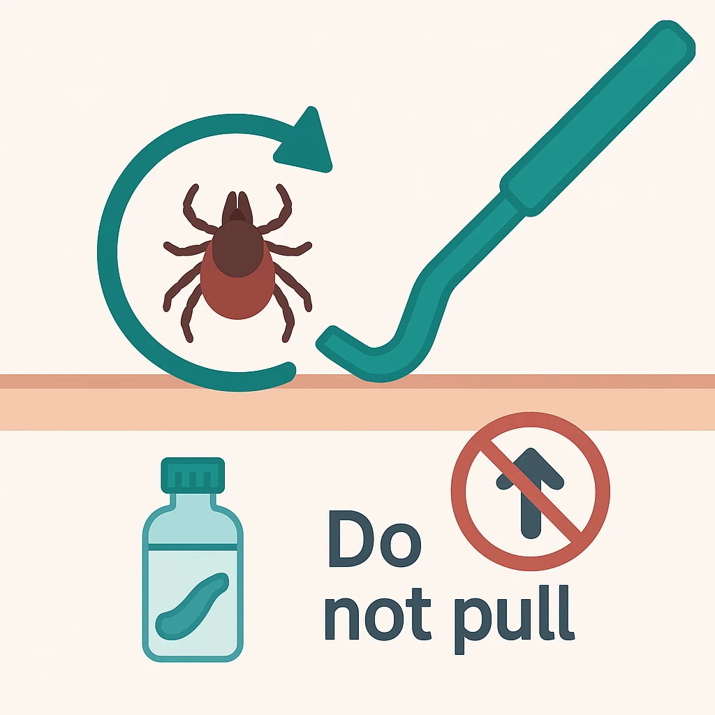 Vector diagram showing the correct twisting motion for removing a tick using a tick remover tool with simple medical-style arrows.