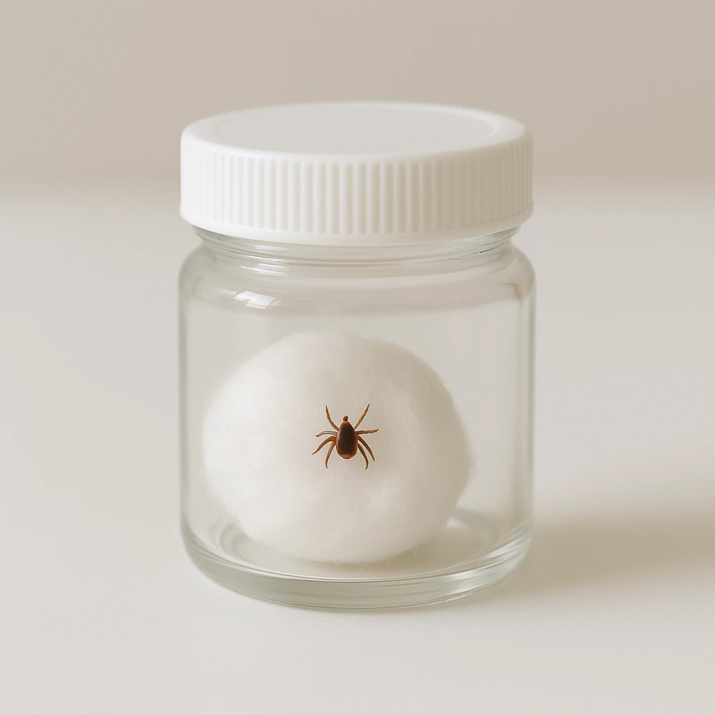Small transparent jar with a moist cotton ball and a preserved tick placed on a clean white surface.