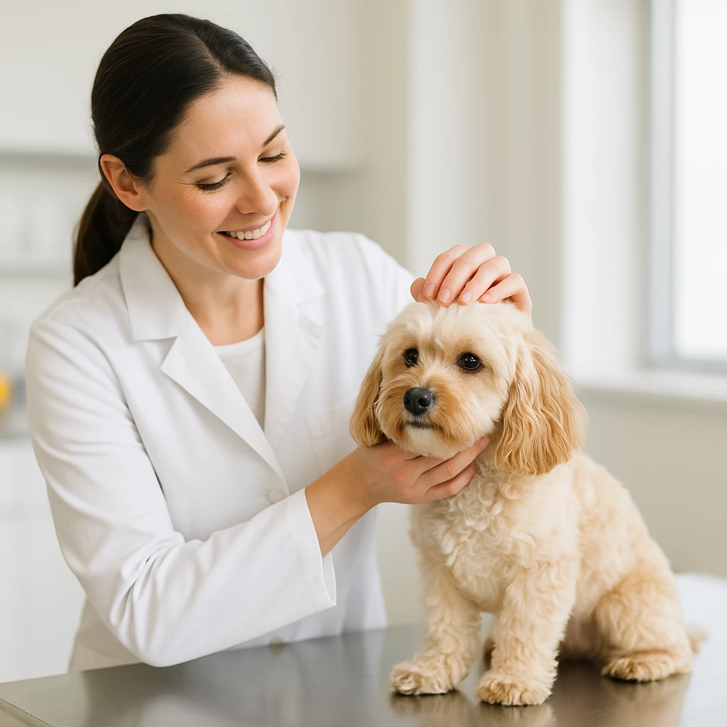 Veterinarian in a bright clinic gently examining a small cavapoo dog on an exam table.